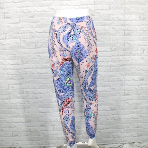 EXPRESS Joggers Pants Paisley Jersey Pleated Loungewear Floral Boho Blue Small - Picture 7 of 15